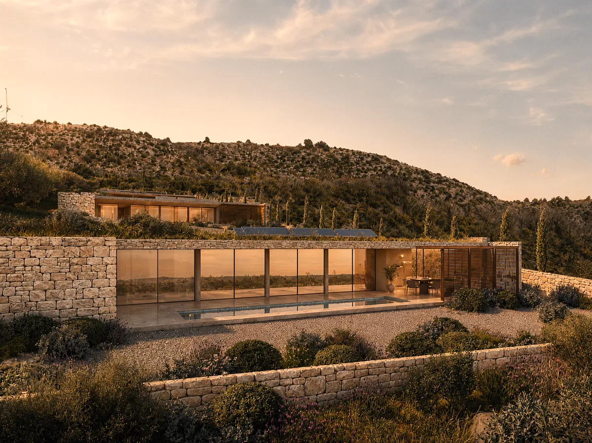 Villa Balatura – in den Hang gebaute Villa mit Gründach und Pool, Resort Tuone Udaina bei Šibenik, Kroatien
