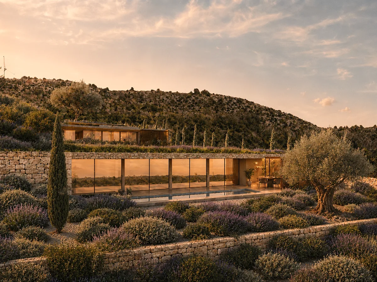 Villa Oliva – in den Hang gebaute Villa mit Gründach und Pool, Resort Tuone Udaina bei Šibenik, Kroatien