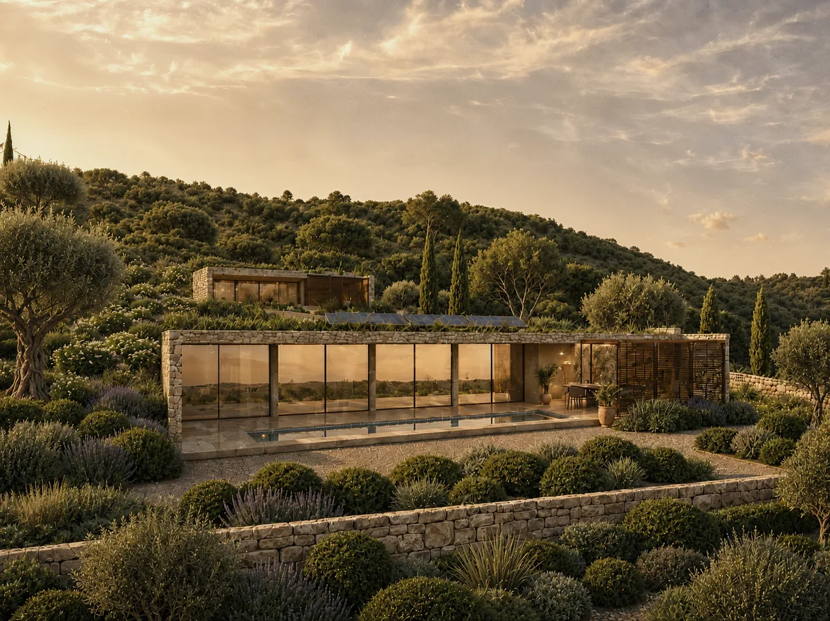 Villa Mareta – in den Hang gebaute Villa mit Gründach und Pool, Resort Tuone Udaina bei Šibenik, Kroatien