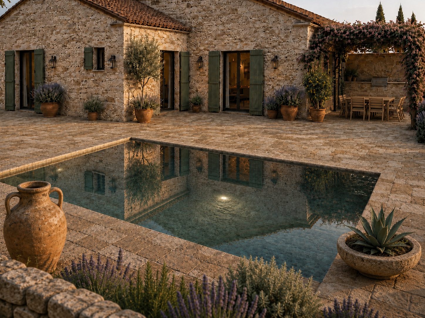 The same terrace at dusk — the pool’s underwater light and the last sun on the stone.