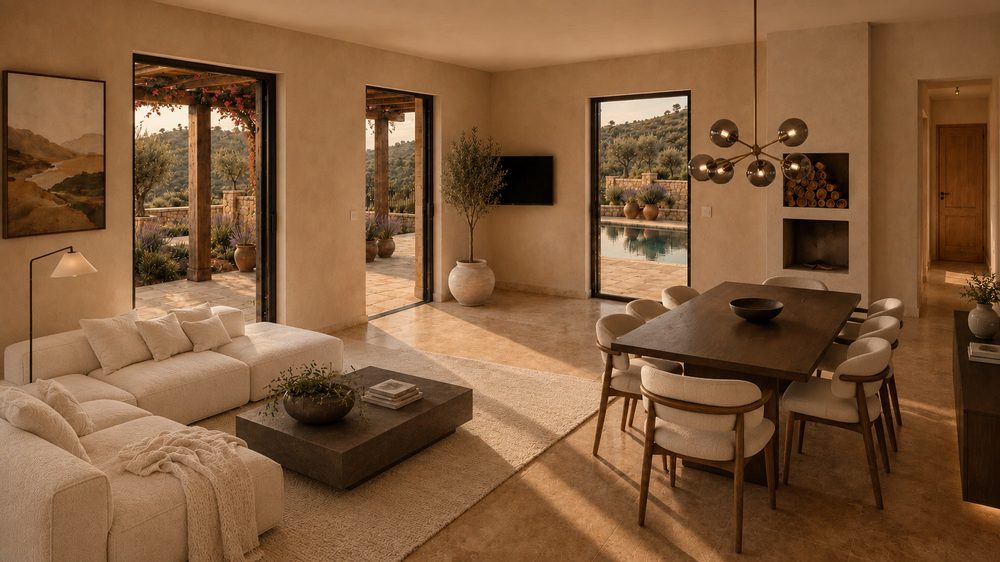 Living room, dining area and kitchen in a single space, opening onto the covered terrace and the pool.