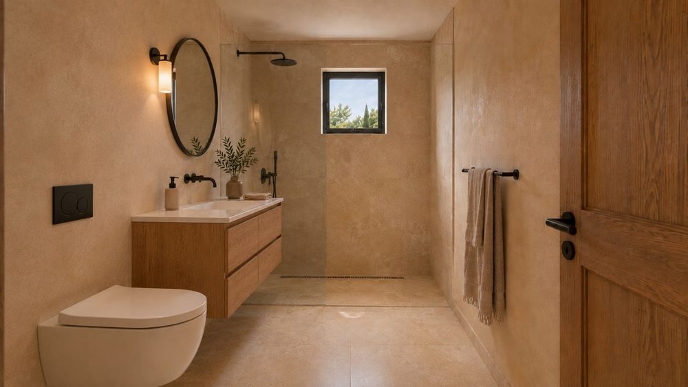 Bathroom with a walk-in shower, in the same stone tone as the rest of the house.