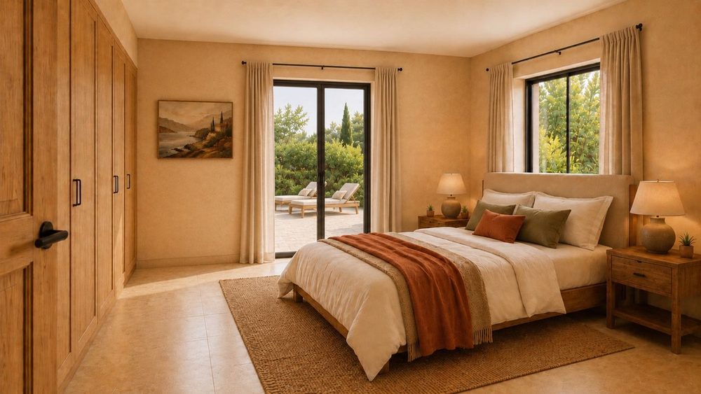 Bedroom with fitted wardrobes and direct access to the terrace.