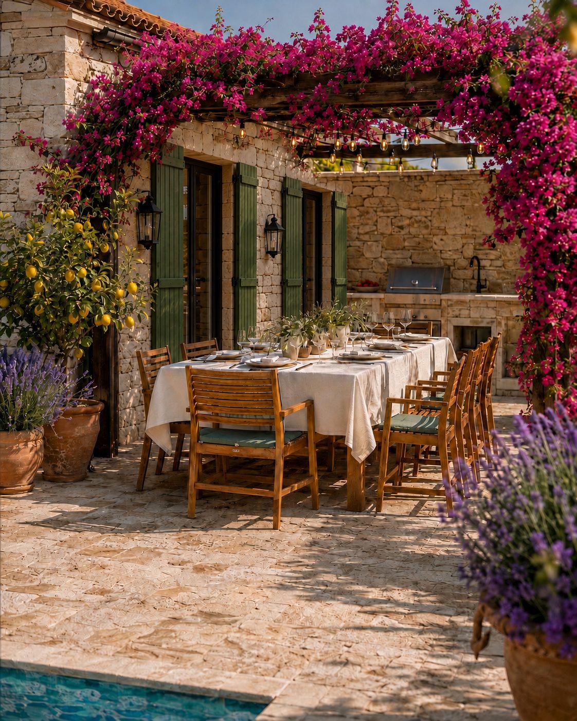 The terrace and pool in the late afternoon — outdoor kitchen and dining under the pergola.